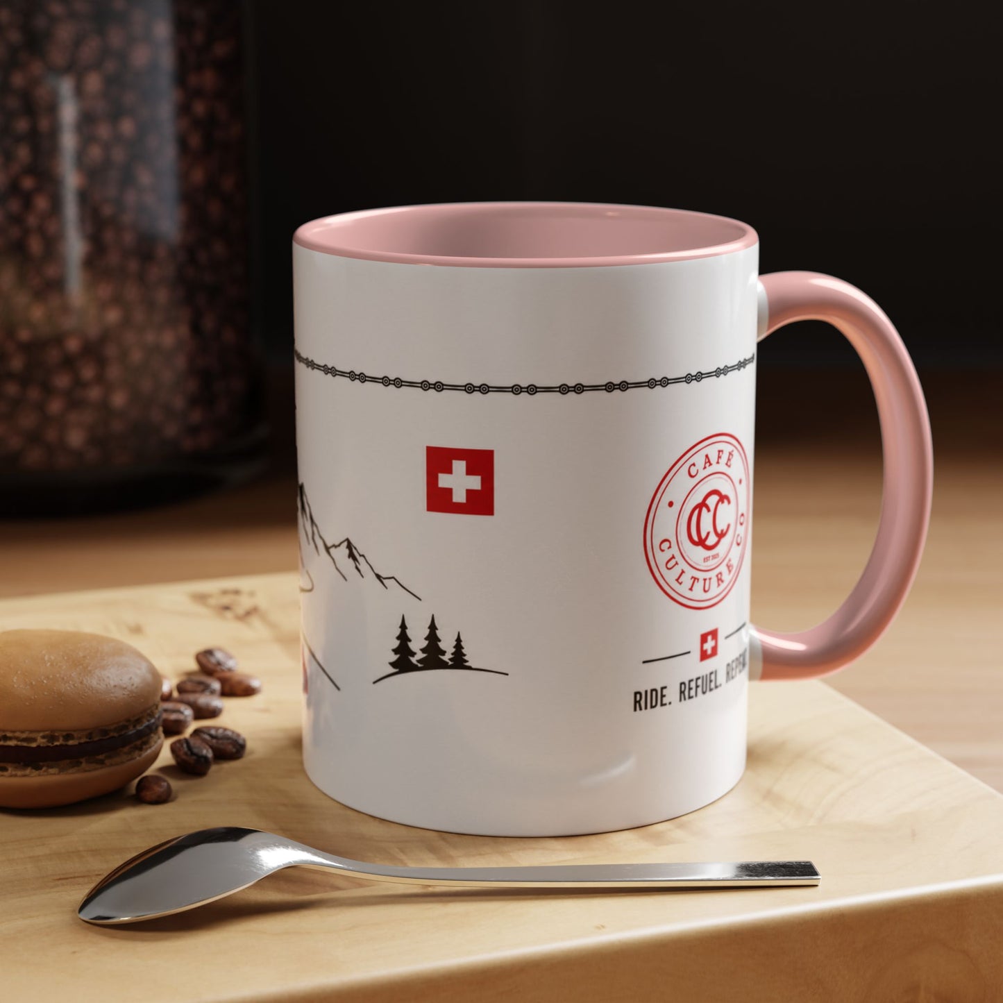 Tour De Suisse Accent Mug — Cafe Culture 'Ride. Refuel. Repeat.'