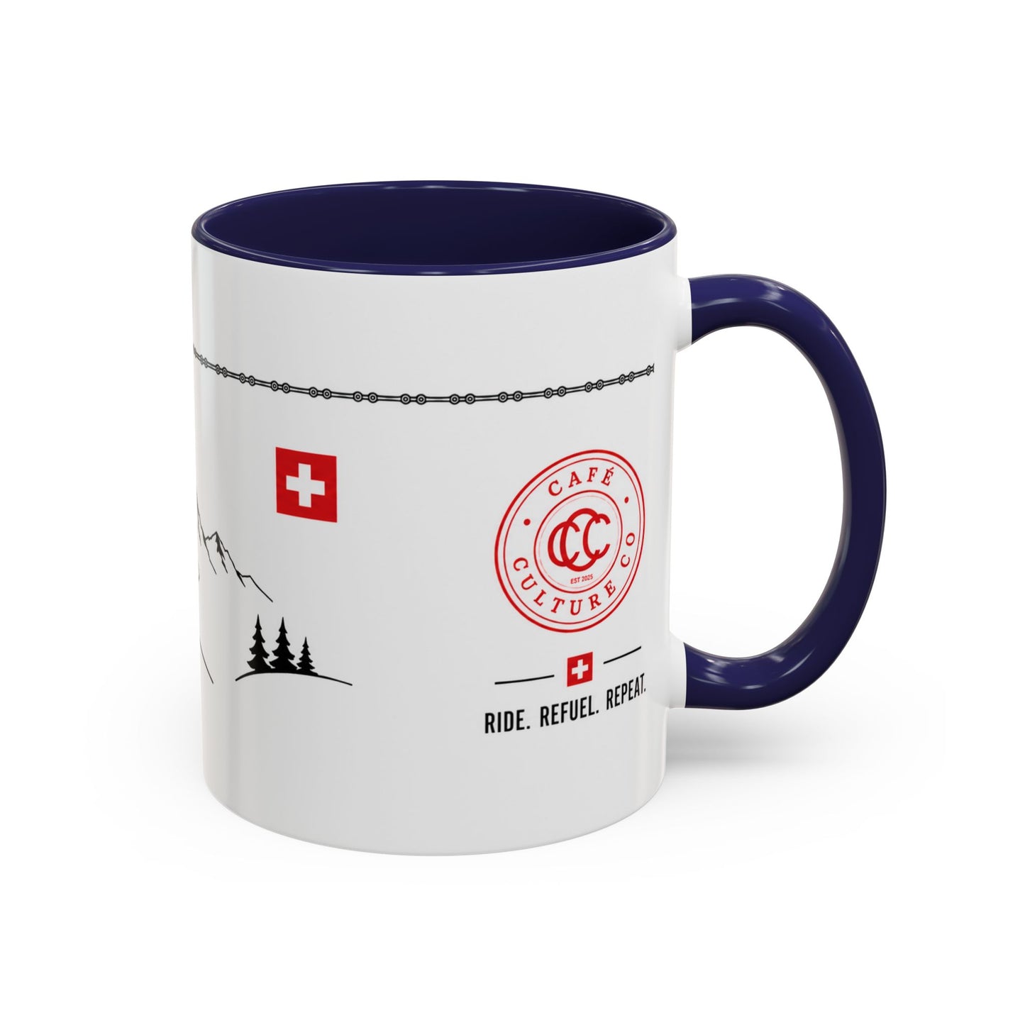 Tour De Suisse Accent Mug — Cafe Culture 'Ride. Refuel. Repeat.'