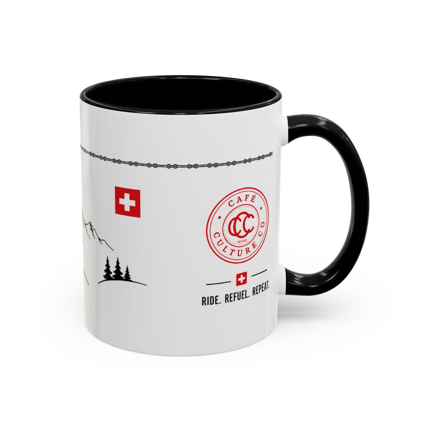 Tour De Suisse Accent Mug — Cafe Culture 'Ride. Refuel. Repeat.'