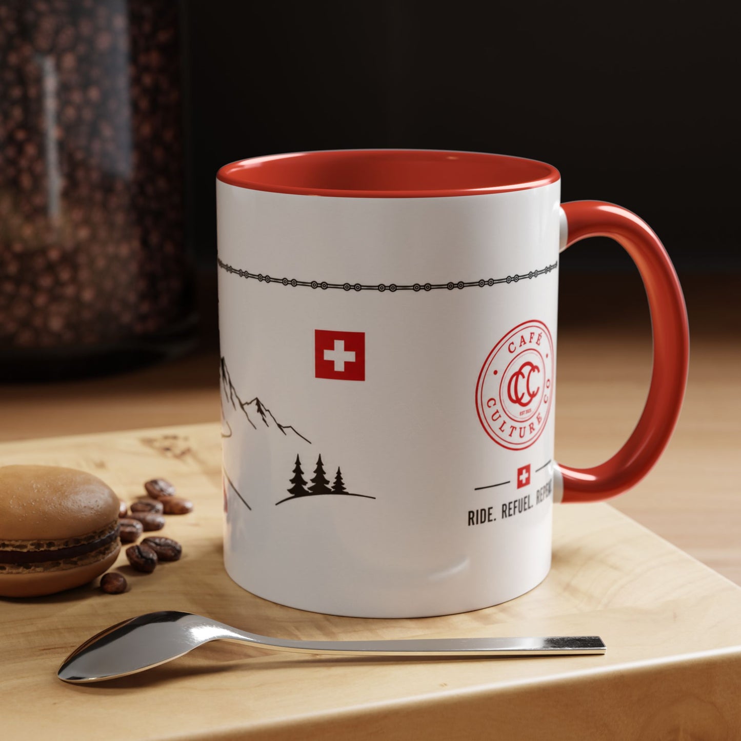 Tour De Suisse Accent Mug — Cafe Culture 'Ride. Refuel. Repeat.'