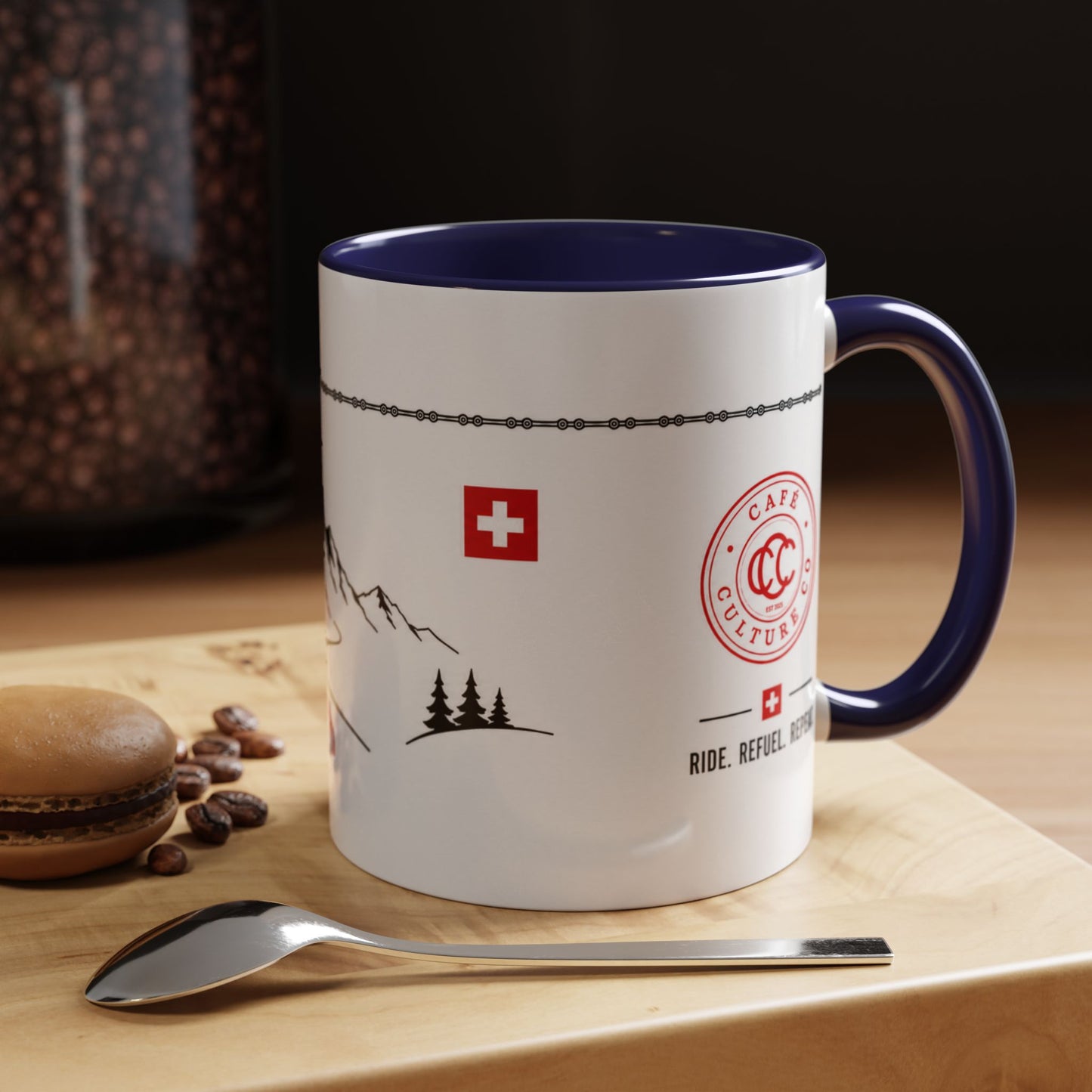 Tour De Suisse Accent Mug — Cafe Culture 'Ride. Refuel. Repeat.'