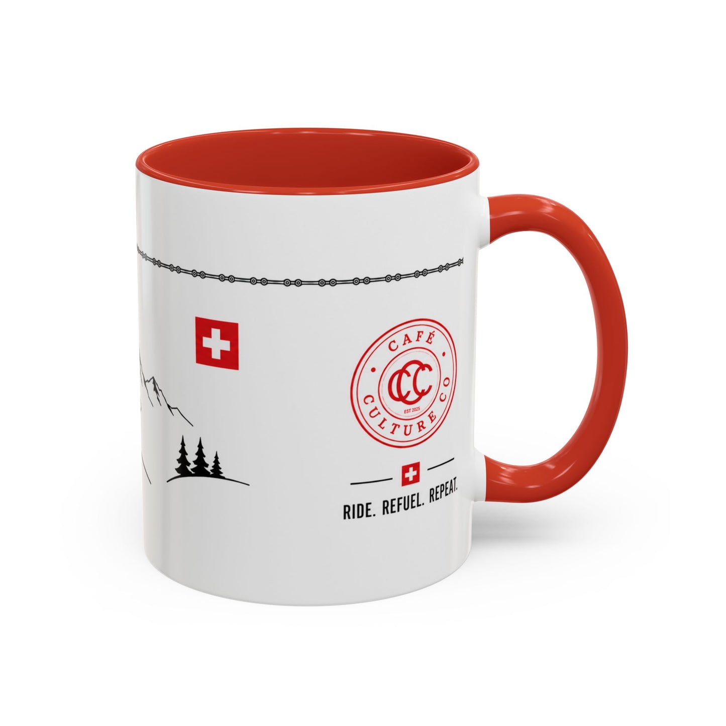 Tour De Suisse Accent Mug — Cafe Culture 'Ride. Refuel. Repeat.'