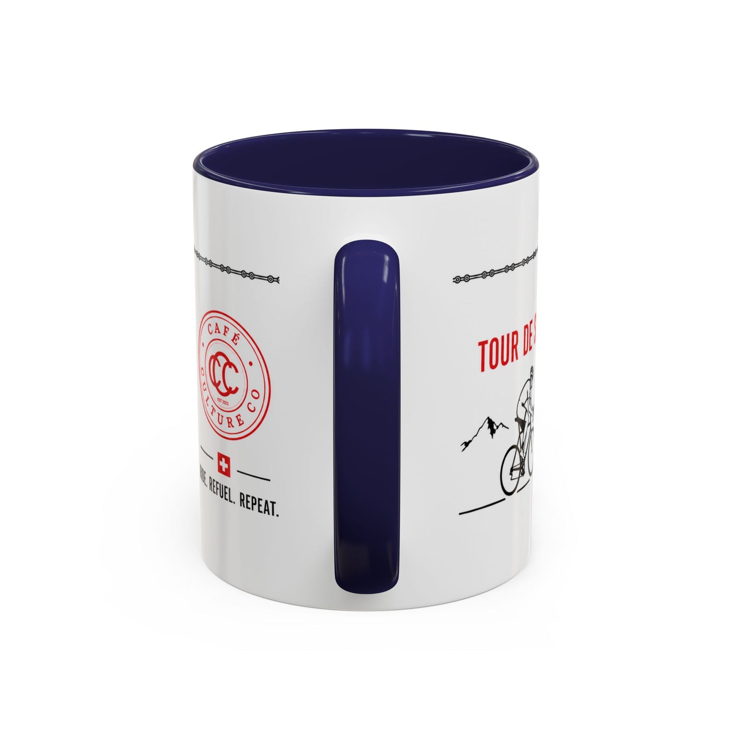 Tour De Suisse Accent Mug — Cafe Culture 'Ride. Refuel. Repeat.'