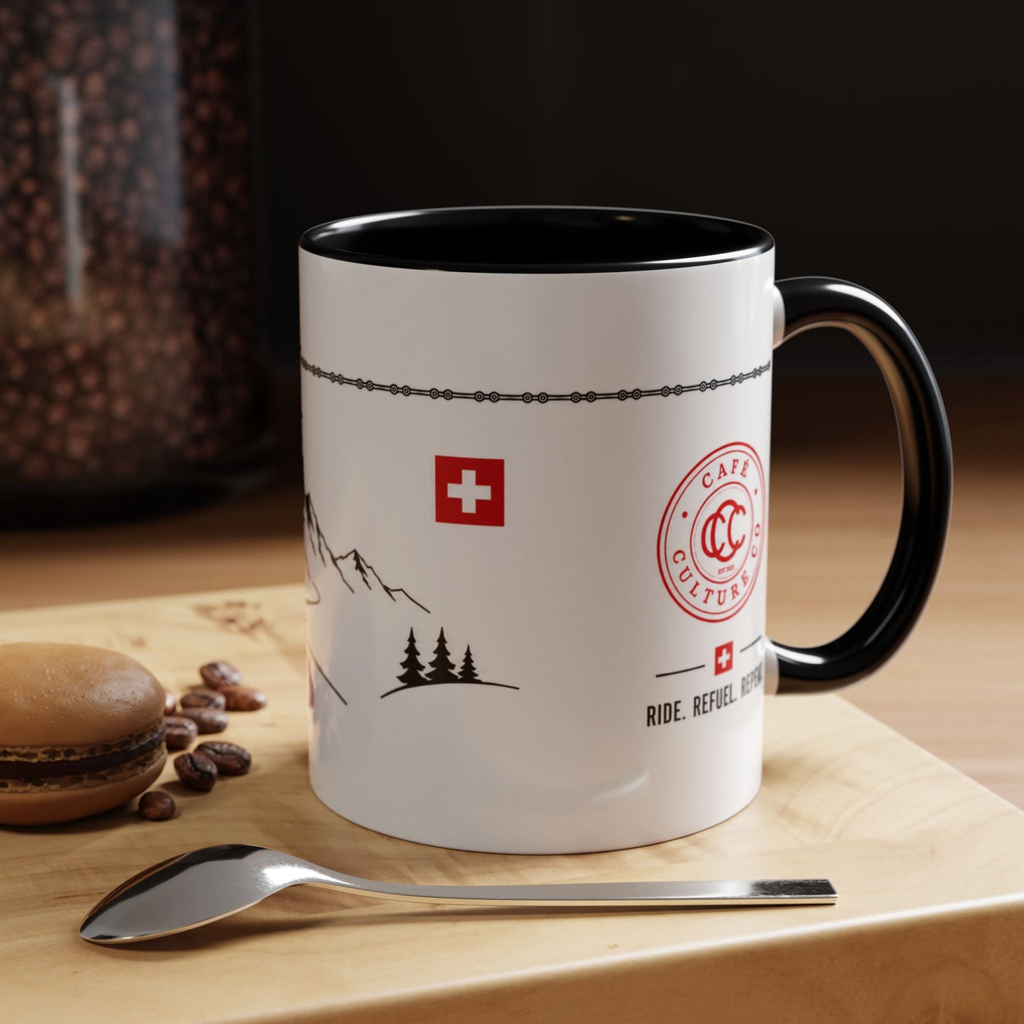Tour De Suisse Accent Mug — Cafe Culture 'Ride. Refuel. Repeat.'
