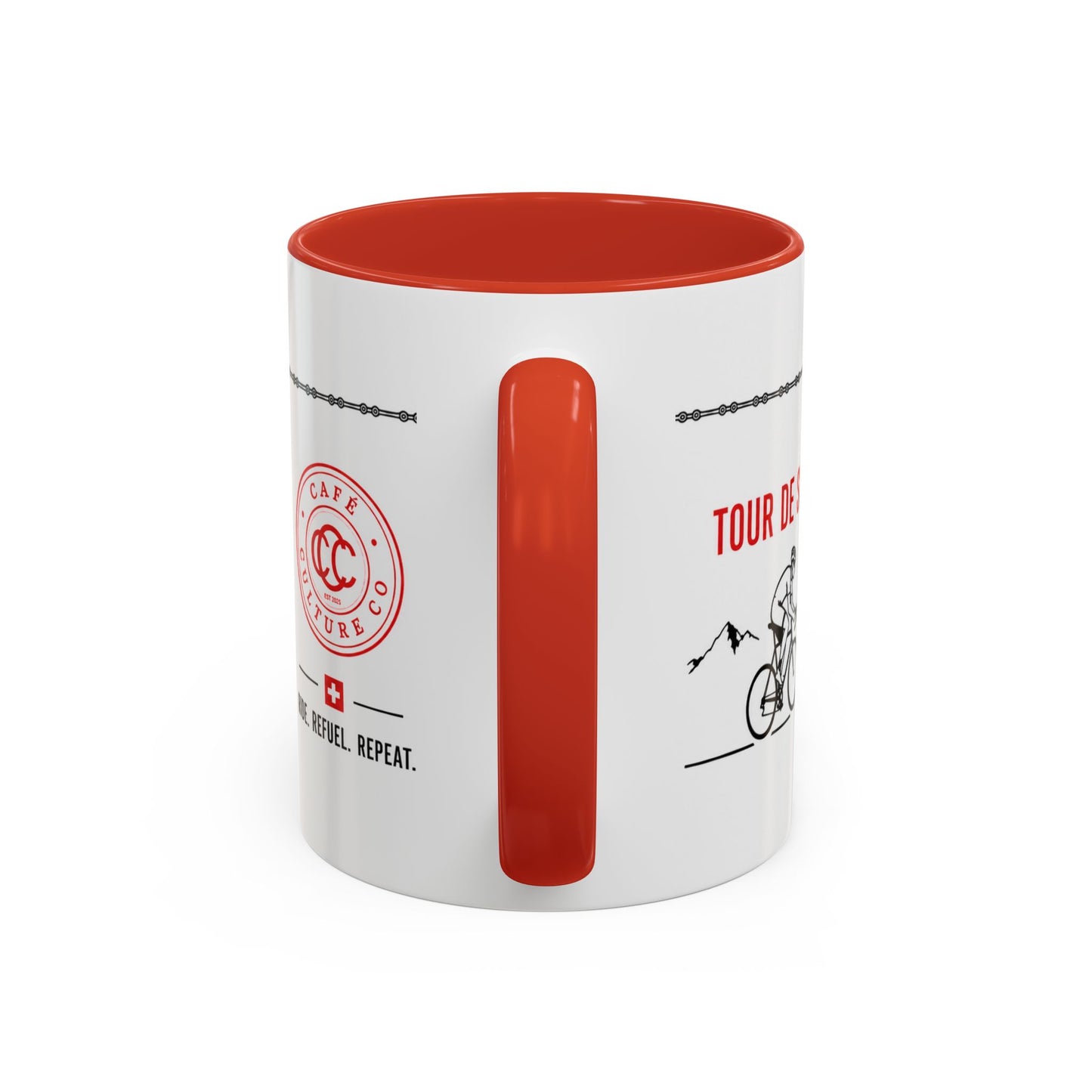 Tour De Suisse Accent Mug — Cafe Culture 'Ride. Refuel. Repeat.'